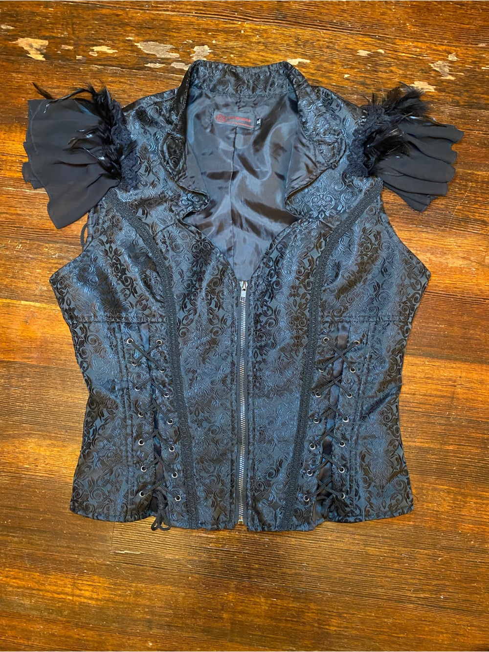 EUC Pentagramme Corset Lace Top Zip Front Feather Cap Sleeves